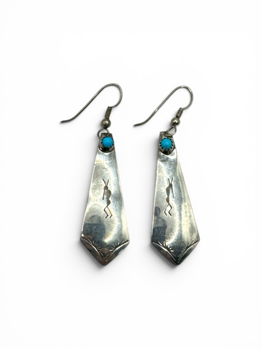 Vintage Sterling Navajo Kokopelli Shadowbox Turquoise Dangle Earrings 1.75”